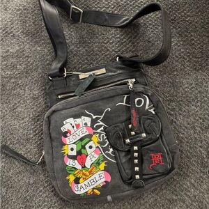 Ed Hardy Black Crossbody Bag with Graphic Design